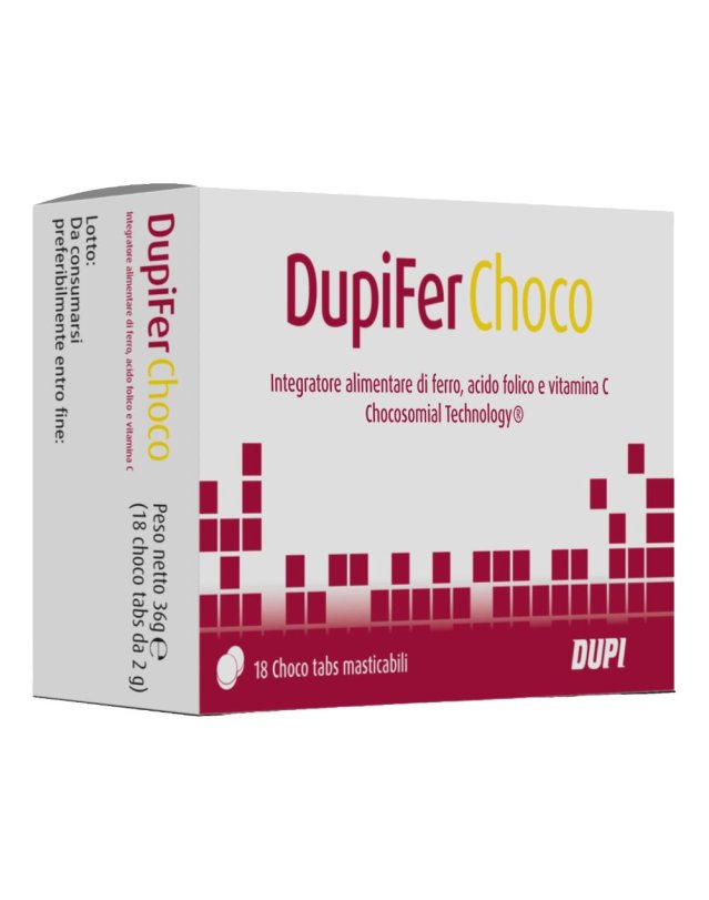 DupiFer Choco Tabs 18 Pezzi - Integratore Ferro, Acido Folico DupiFer Choco Tabs 18 Pezzi - Integratore Ferro, Acido Folico
