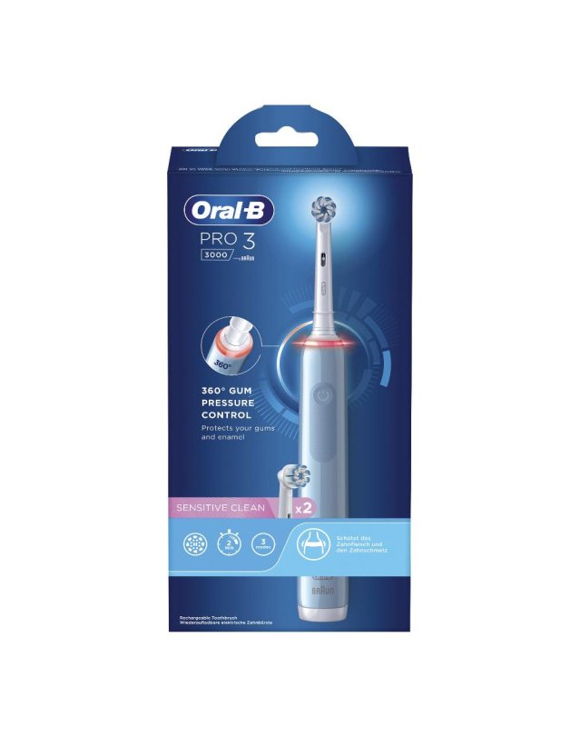 Oral-B Spazzolino Pro 3 3000 Blu, 2 Testine, 1 Spazzolino- Spazzolino Elettrico Ricaricabile